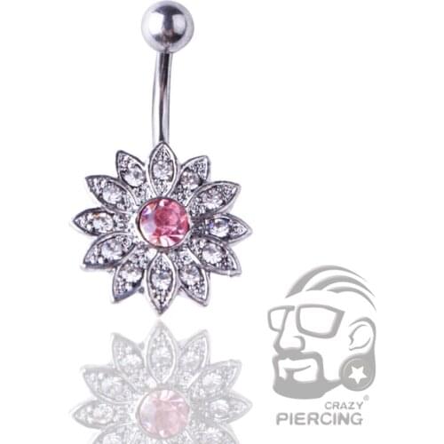 Sun Flower Petal Holy Lotus Navel Piercing Steel Pink Crystal Belly Button Rings Body Piercing Pircing Navelpiercing