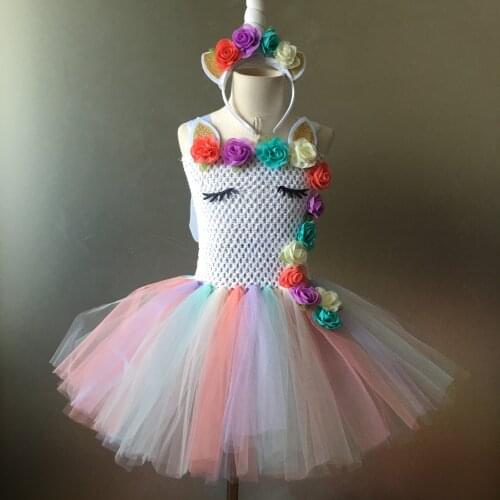 Hot Girls Pastel Unicorn Flower Tutu Dress Kids Crochet Tulle Dress with Hairbow Children Party Cosplay Costumes Cartoon Dresses