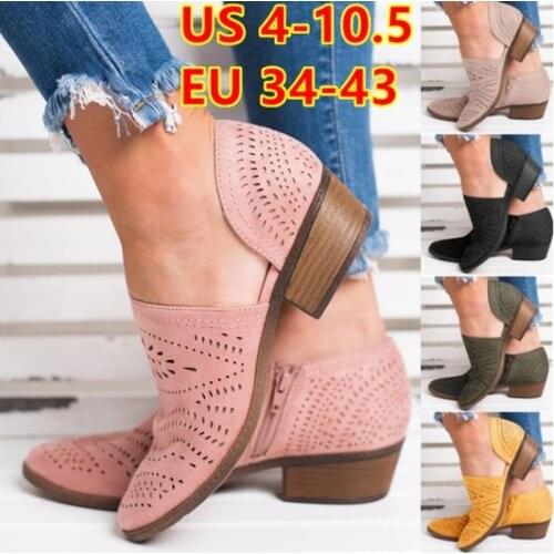 Summer Womens Comfortable Breathable Shoes Faux Suede Zipper Ankle Shoes Female Casual Hollow-out Chunky Heel Shoes Plus Size