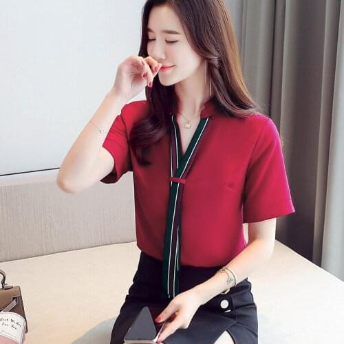 2021summer Fashion Chiffon necktie Stand-up collar Casual Ladies Shirt ladies Short sleeve tops
