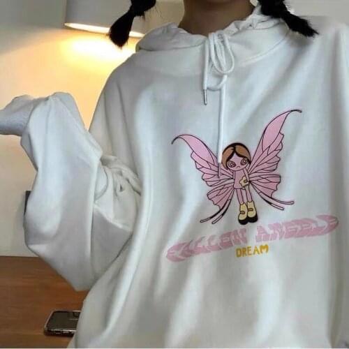Butterfly Graphic Letter Print Women Hooded Top 90s Vintage Y2K Harajuku Gothic E-Girls Oversized Pullover Sweatshirt Streetwear