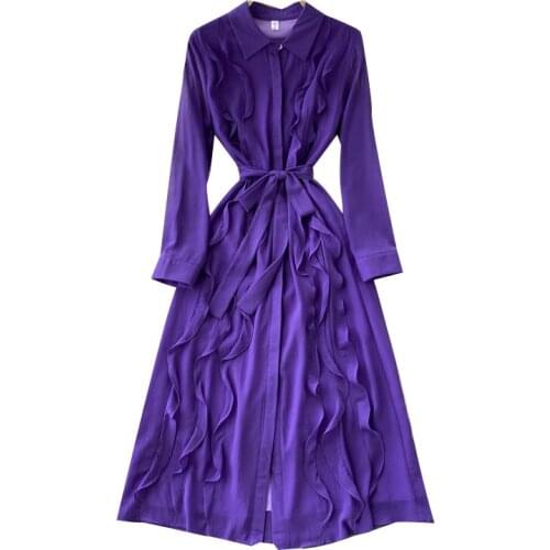 New Spring Autumn Women Turn-down Collar Long Sleeve Sashes Slim Long Dress High Quality Sweet Ruffles Purple Chiffon Dress
