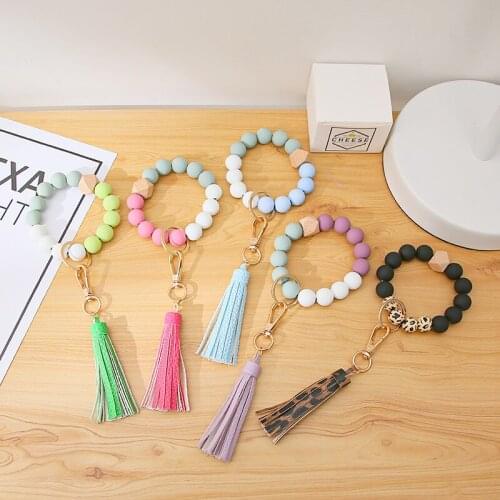 1pcs Acrylic Wood Beads Keychain For Keys Wristlet Bracelet Pendant Keyring For Women Tassel Charms Keychain Accessories