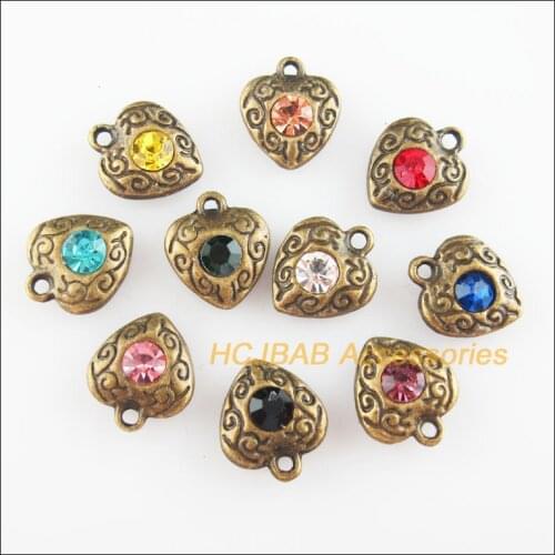 20Pcs Antiqued Bronze Plated Flower Heart Mixed Crystal Charms Pendants 10x11.5mm