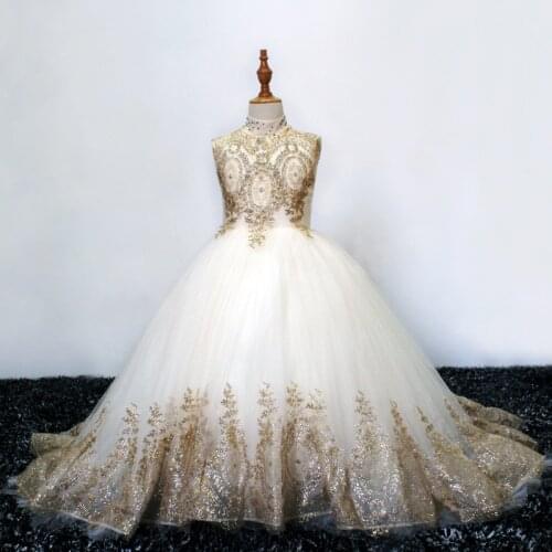 2020 Classic Tulle Flower Girl Dress Gold Lace Appliques For Wedding Birthday Ball Gown First Holy Communion Dresses