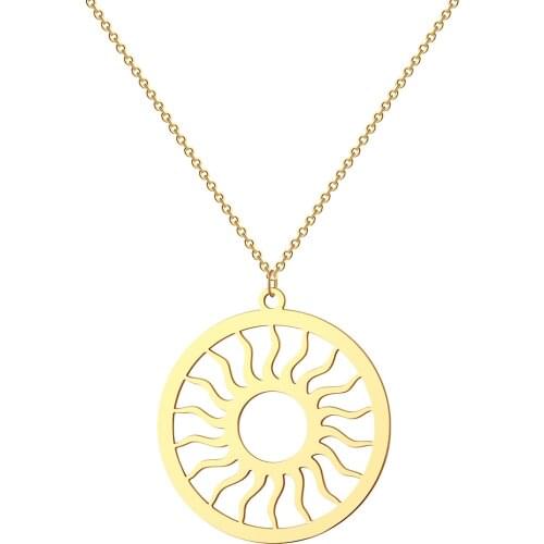 Kinitial Stainless Steel Hollow Sun Totem Pendent Necklaces For Charm Women Birthday Party Fashion Chain Choker Round Jewelry