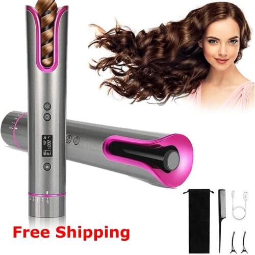 Cordless Automatic Rotating Hair Curler USB Rechargeable Curling Iron LED Display Temperature Adjustable styling tool Free Shipp