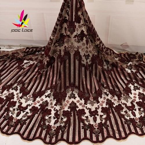 Burgundy Velvet Nigerian Lace Sequins French African Nigerian Latest Design High Quality Tulle 2020 For Wedding Dress
