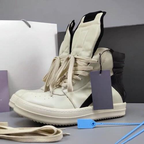 Men Genuine Leather Ankle Boots Luxury Women High-Top Sneakers Unisex Black Riding Boots Real Leather Lace Up Designer Platform