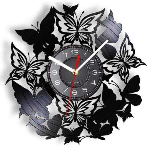 Elegant Butterflies Decorative Wall Clock Laser Etched Fluttering Butterfly Animal Hanging LED Wall Light Vinyl Record Timepiece