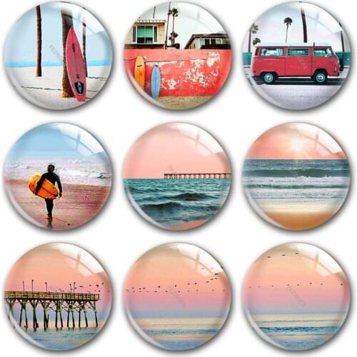 Handmade Pink Beach Surfing Vacation Summer Round Photo Glass Cabochons Demo Flat Back DIY Jewelry Making Findings Accessory