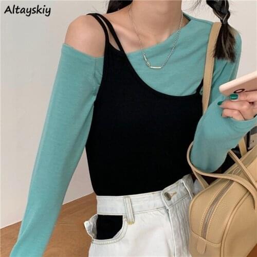 Sets Women Spring Popular Tops Solid Color Asymmetrical Sweet Female Leisure Basic Long Sleeve Skew Collar Streetwear Slim Chic