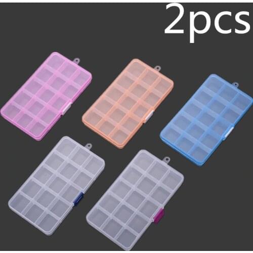 2pcs Practical Adjustable 15 Grids Compartment Plastic Storage Box Jewelry Earring Bead Case Display Organizer Container