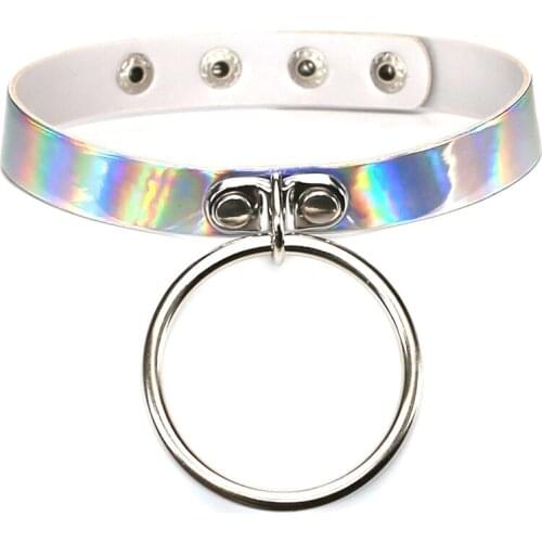 Laser Necklace Big circle Gothic Punk Holographic Choker Hologram PU Leather Choker 2018 Collar Necklace Jewelry