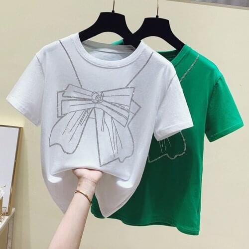 Summer Women Sequins Bow tshirt Drilling O-neck Short Sleeve Basic Bottoming Shirts Beading Sexy T-shirts 2021 Casual Tops White