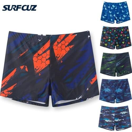 SURFCUZ Mens Swim Briefs Printed Swimming Boxer Shorts Quick Dry Swimwear 4 Way Stretch Swim Trunks Square Leg Swimsuit for Men