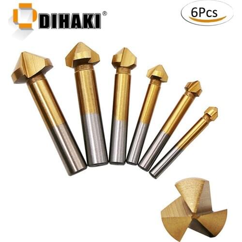 6pcs/Pack HSS Chamfer Countersink Chamfer Drill Bit Set 3 Flute 90 Degree Wood Chamfering Cutter 6.3-20.5mm For Woodworking Tool