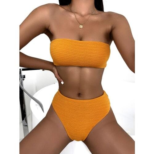 2021 New Split Solid Color Wipe Chest High Elastic Back Strap Swimsuit Womens Bikini