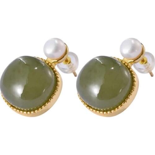 New Arrival Pure S925 Silver Earrings Green Jadeite Stud Earrings Stamp S925