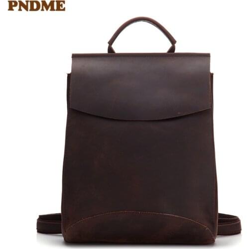 Simple vintage genuine leather men women backpack casual handmade high quality crazy horse cowhide daily outdoor travel bagpack