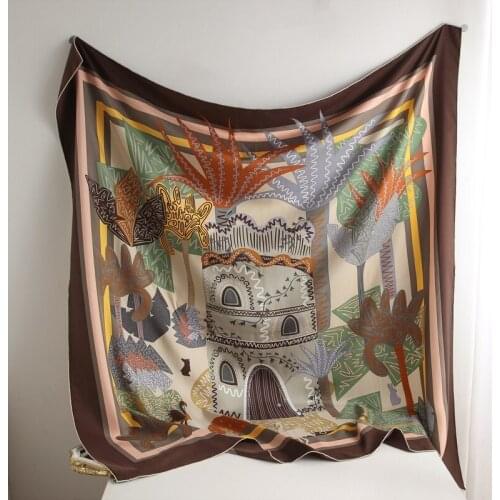 Desert Oasis Print 100% Luxury Silk Scarf Shawl Wraps 135x135cm Female Perfect Gifts Fashion Clothing Accessories