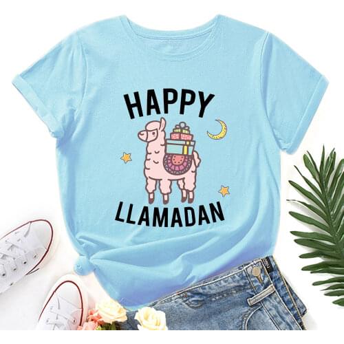 Happy Ramadan Llamadan Llama Alpaca Fasting Shirt Women Short Sleeve Cotton T-shirts Summer Graphic Tee Tops Female Clothes