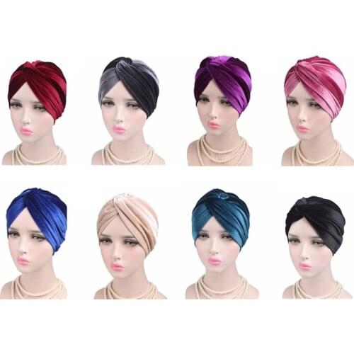 58cm Headwear Muslim Stretch Women Velvet Cross Turban Hat Scarf Chemotherapy Chemo Beanies Hair Caps Cancer Hair Accessories