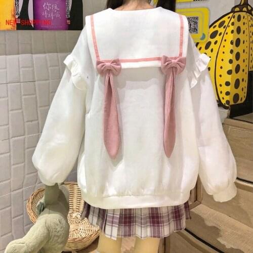 Japanese Harajuku Hoodies Autumn Kawaii Rabbit Ears Sweatshirt Top Casual Loose Lolita Long Sleeve Sweatshirts Y2k Pullover Cute