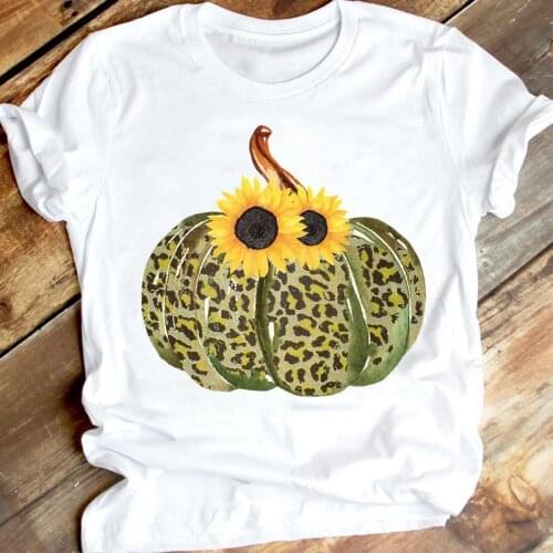 Women Autumn Floral Flower Pumpkin Fall Thanksgiving Halloween Clothing Cartoon Print Graphic T-shirt Tshirt Female Tee Top