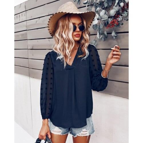 Womens Chiffon Tunic V-neck Loose Blouse with Elastic Cuff Long Sleeve Top HSJ88