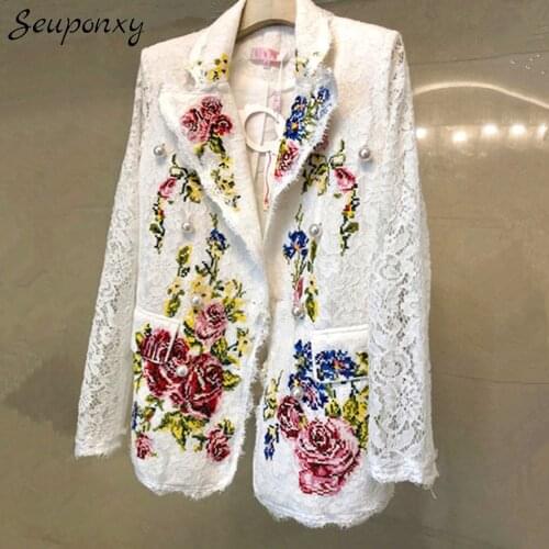 High Quality Heavy Industry Embroidery Flower Lace Beaded Blazer 2021 Autumn Sexy Lapel Long Sleeve WomenS Casual Blazer