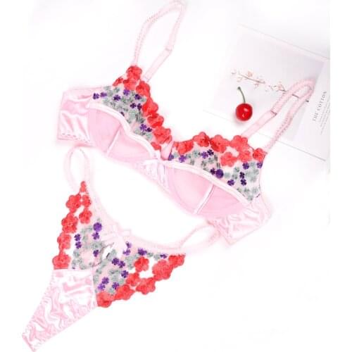 Women Sexy Erotic Bra Embroidery Perspective Lace Mesh Floral Lingerie Set Underwear Transparent Exotic Costumes Thong Bra Set
