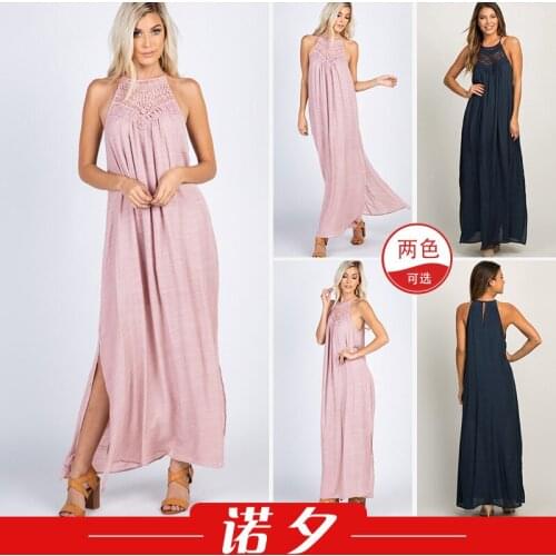 Summer New Women Sleeveless Popular Neckline Hook Flower Hollow Loose Dress Lady Solid Maxi Dresses For