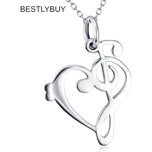 BESTLYBUY 925 Sterling Silver Love Heart Musical Notes Pendant Necklaces Heart Pattern Statement Collier Necklaces Jewelry