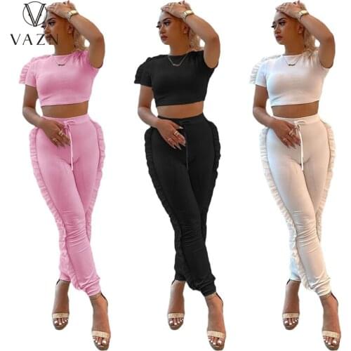 VAZN 2021 Top Quality Solid Simple Sweet Young Overalls Free Sexy Short Sleeve Top Long Pencil Pants Slim Women 2 Piece Set
