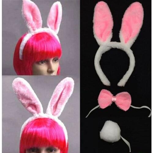 3Pc Cute Bunny Rabbit Ears Headband Tail Bow Tie Fancy Dress Set Halloween Easter Hen Party Decoration Set