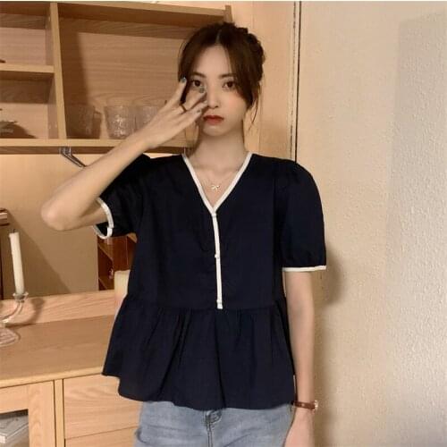 Blouse Temperament V-neck Short-sleeved Shirt Female Design Sense Niche Summer New Korean Loose Casual Top