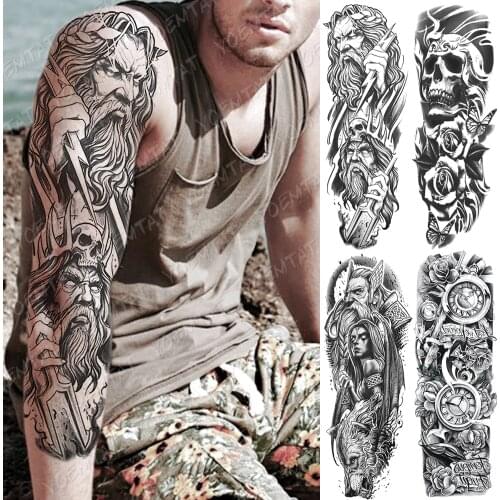Large Arm Sleeve Tattoo God Zeus Poseidon Waterproof Temporary Tatto Sticker Lightning Skull Body Art Full Fake Tatoo Women Men