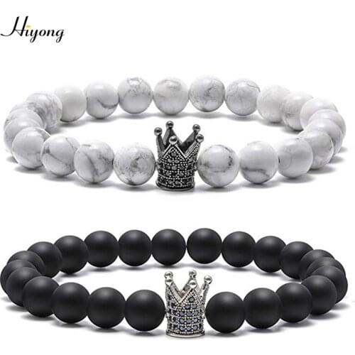 HIYONG 2pcs/set 8mm CZ Crown Charm Bracelet for Men Women Black Matte White Howlite Natural Stone Beads Distance Bracelets