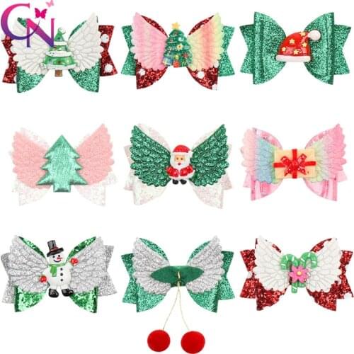 CN 3" Glitter Christmas Hair Bows With Santa Claus Girls Party Hair Clips Christmas Gifts Christmas Hair Accessories