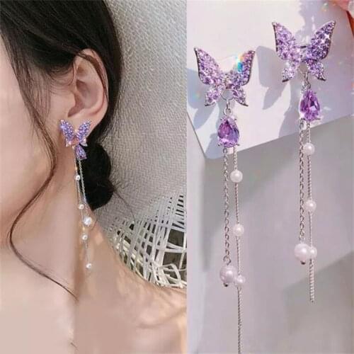 Long Pearl Chain Purple Silver Butterfly Earrings Shiny Butterfly Earrings Pendant