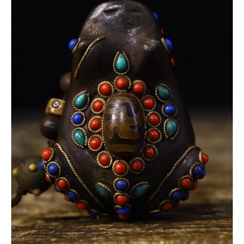 Home Decor 3" China Antiques Meteorite mosaic Gem Dzi Bead Frog statue Lucky Frog Handle Pendant
