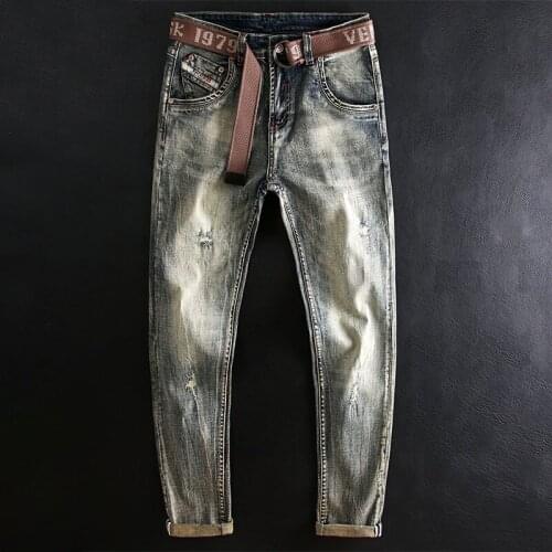 Italian Style Fashion Men Jeans Retro Distressed Elastic Slim Fit Ripped Jeans Men Vintage Designer Casual Cotton Denim Pants