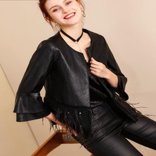 European Spring New Loose All-match PU Leather Three Quarter Hem Feather Short Jackets Coats Women Tops Fashion Streetwear 2021