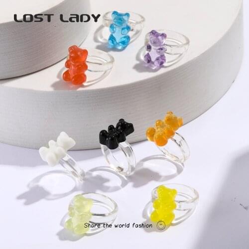Lost Lady Cute Candy Color Bear Rings Retro Cartoon Animals Resin Ring For Women Girls Fashion Jewelry Gift Accessories