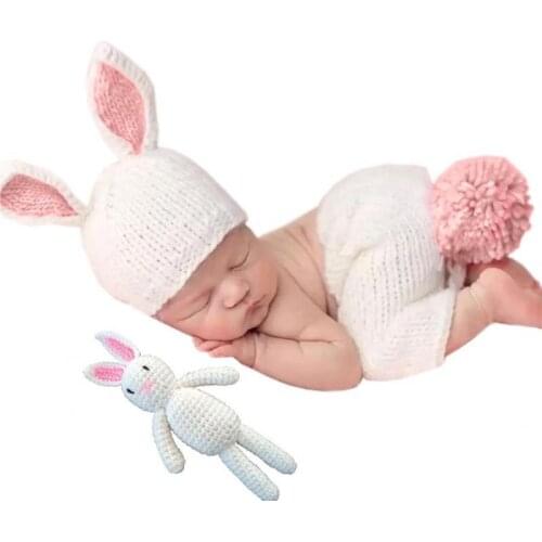 Cute Bunny Costume Newborn Photography Props Romper Set Hat Baby Photo Studio Shoot Clothes Outfit Crochet Soft Knit Accessories