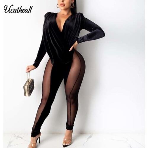 Sexy Mesh Velvet Patchwork Bodycon Jumpsuit Women Sexy See Through Party Night Club Rompers V Neck Pleated Long Overalls