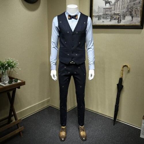 High Quality Personlity Embroidery Host Gown Dress Striped Mens Suits Slim Fit Formal Wedding Dress Business Three Piece Sets