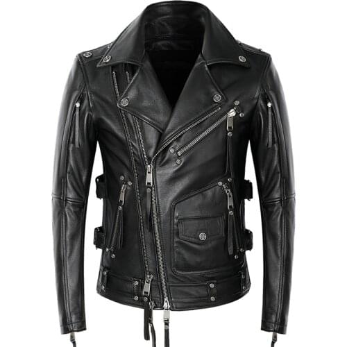 2021 Black American Motorcycle Style Leather Jacket Men Natural Genuine Cowhide Slim Fit Bikers oblique zipper Coat S~5XL