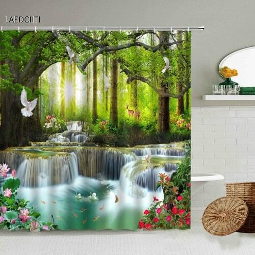 Landscape Shower Curtain Natural Forest Waterfall Scenery Chinese Home Bathroom Decor Green Plants Flower Photography Screen